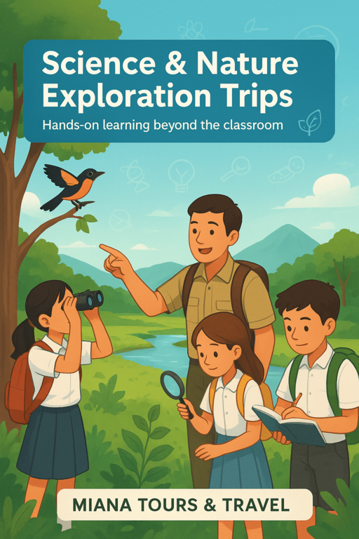 Students on a science and nature exploration trip observe birds, plants, and record notes under the guidance of a tour leader in a national park.