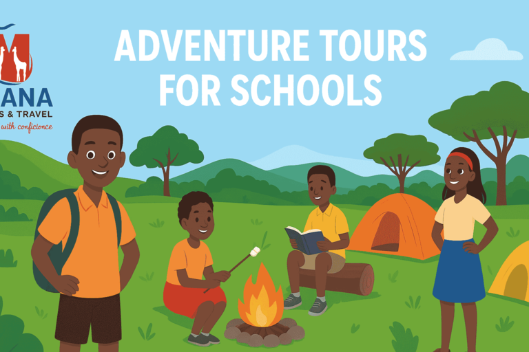 A colorful digital illustration of Ugandan students on a school adventure tour, hiking and camping with team-building activities, featuring the Miana Tours & Travel logo.