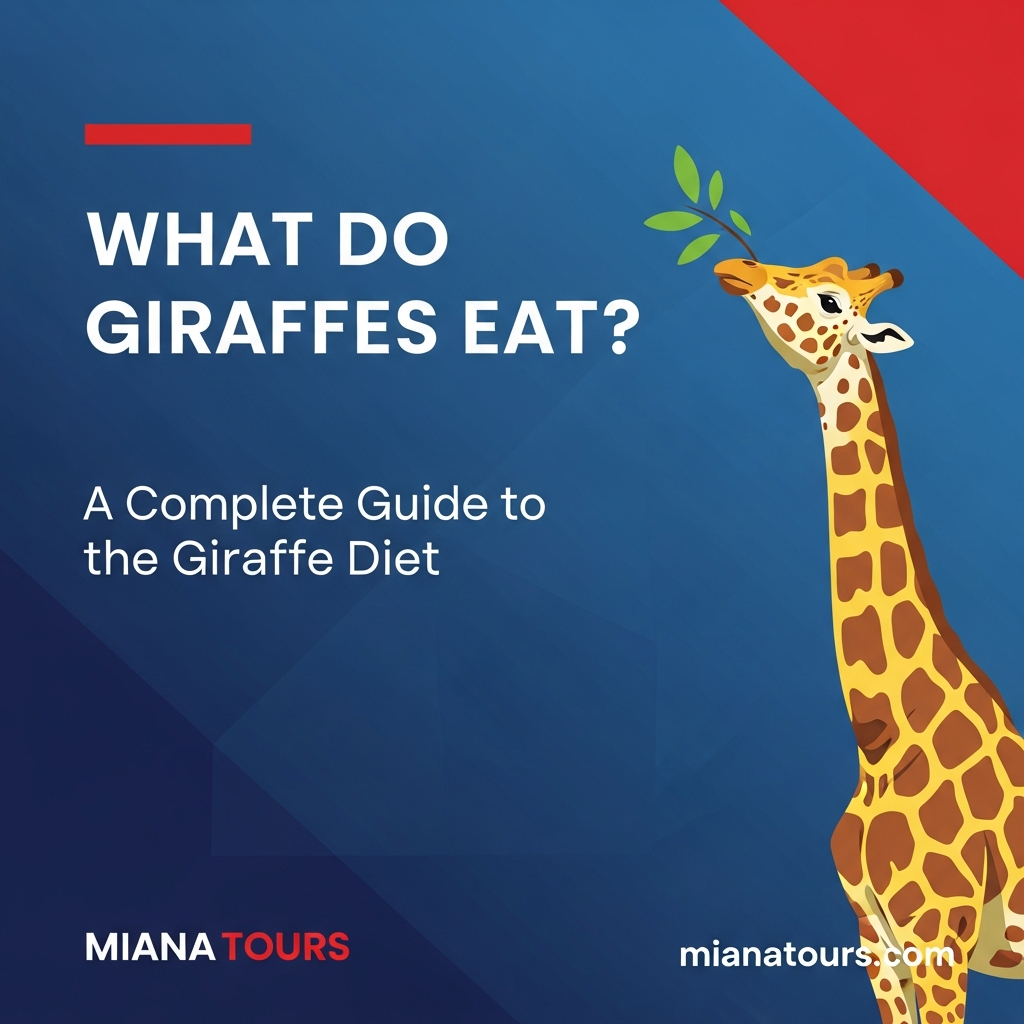 A giraffe reaching up to eat leaves from an acacia tree with the title 'What Do Giraffes Eat? A Complete Guide to the Giraffe Diet' and Miana Tours branding"