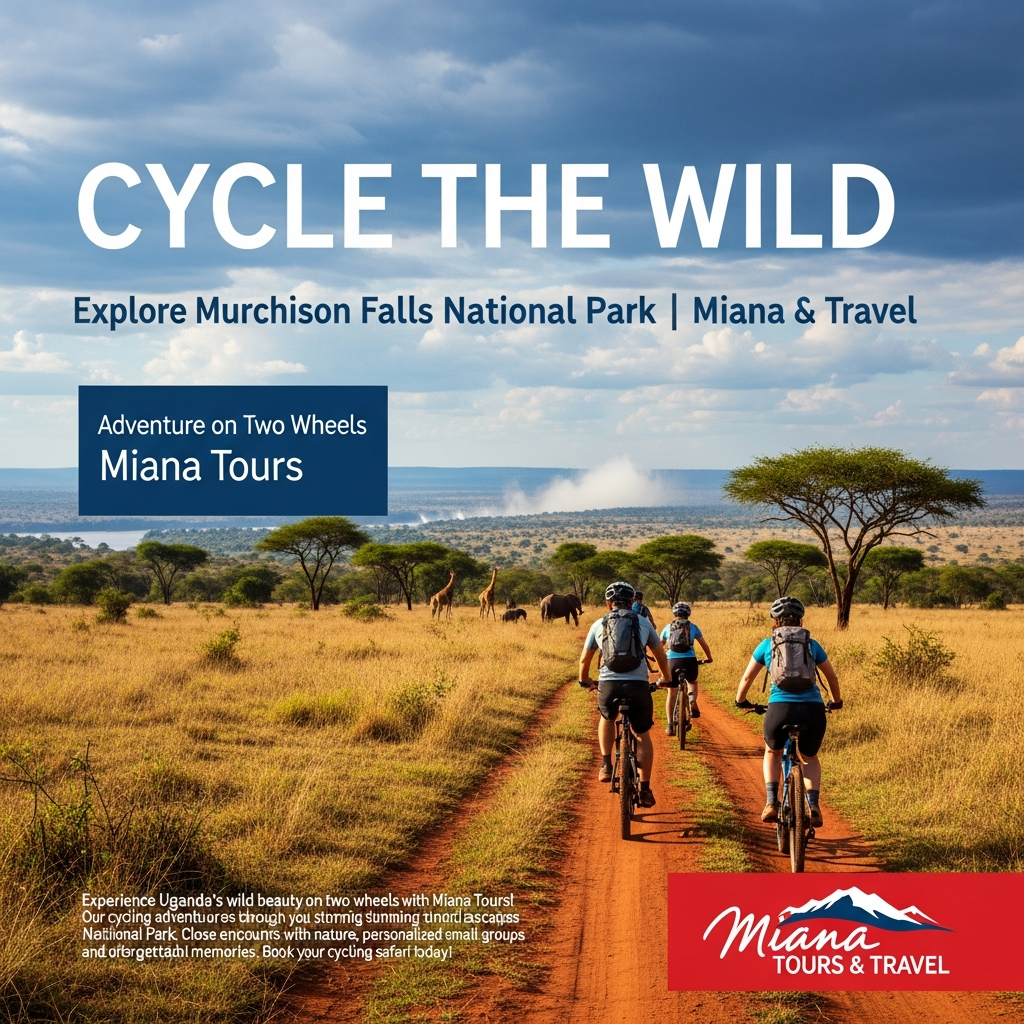 "Cyclists from Miana Tours riding mountain bikes along safari trails in Murchison Falls National Park with wildlife and the Nile River in the background"